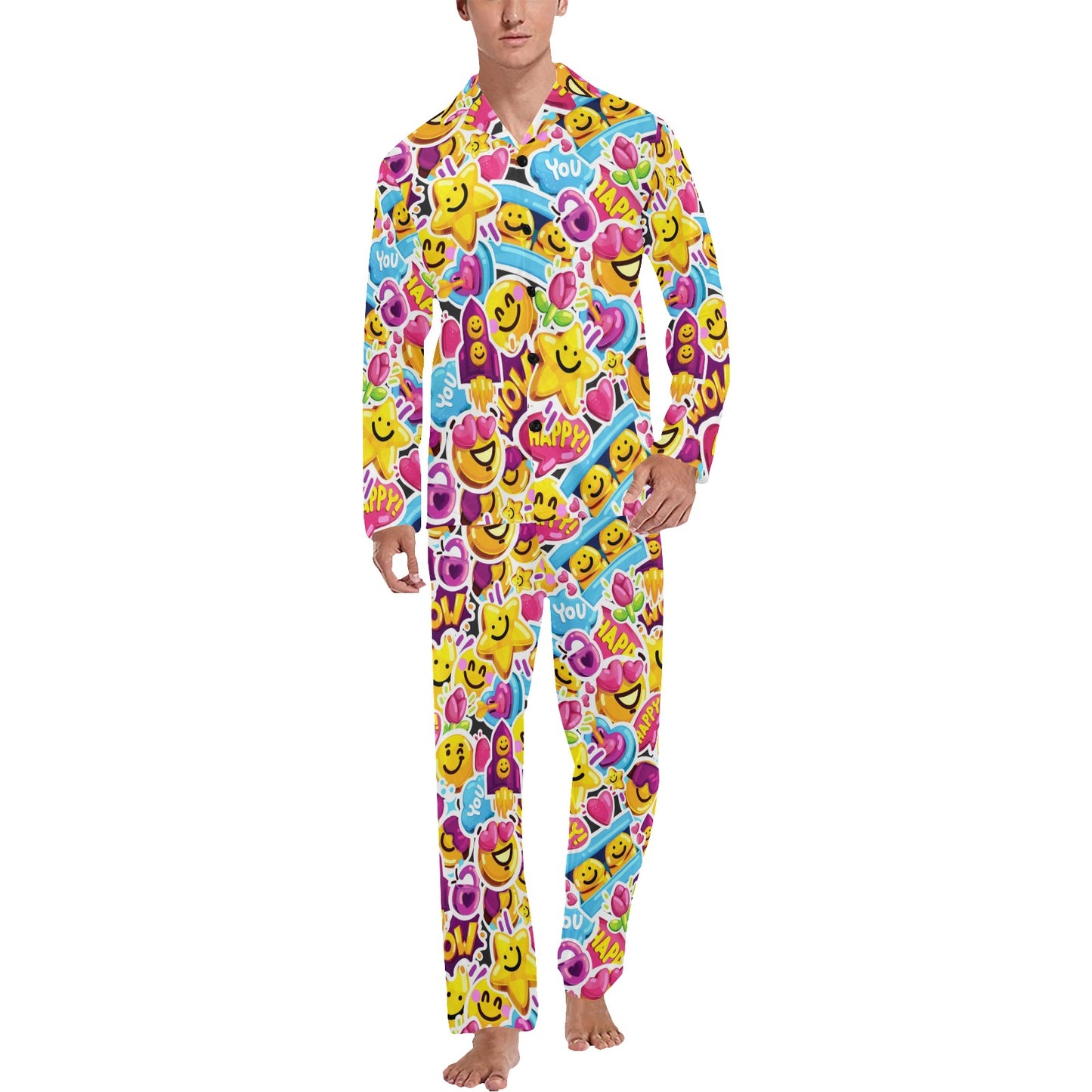 Emoji Sticker Print Pattern Men's Long Pajama Set