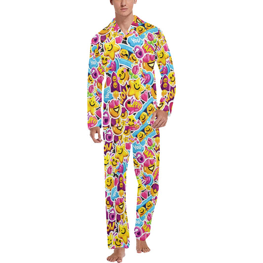 Emoji Sticker Print Pattern Men's Long Pajama Set