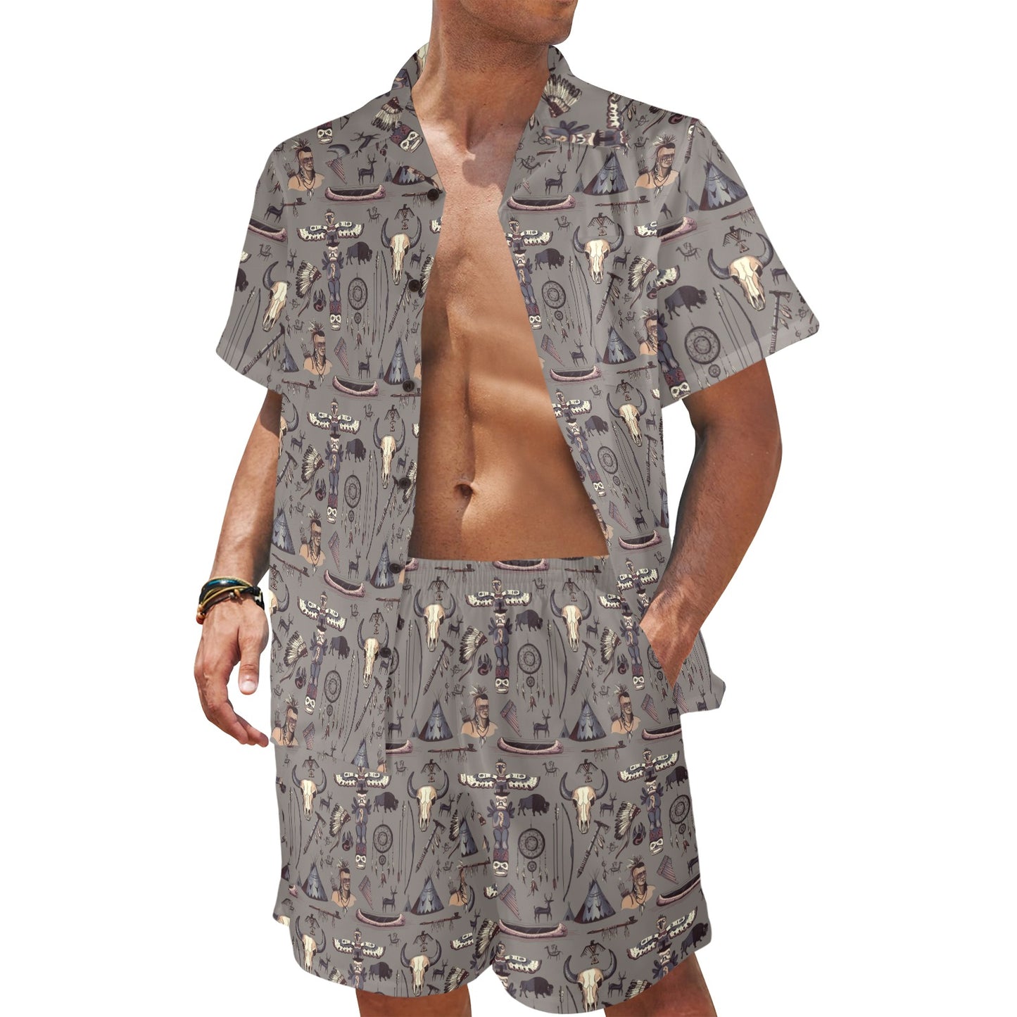 Native Indian life Design Print Men's Beach Shirt and Shorts Set
