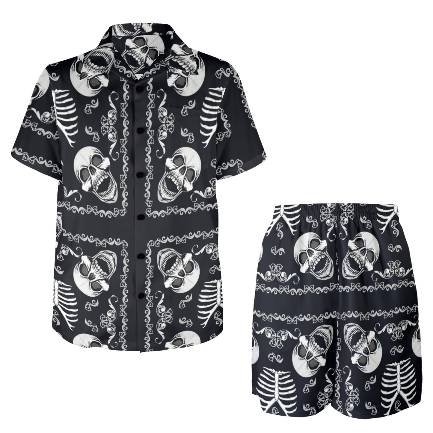 Bandana Skull Black White Print Design LKS306 Men's Beach Shirt and Shorts Set