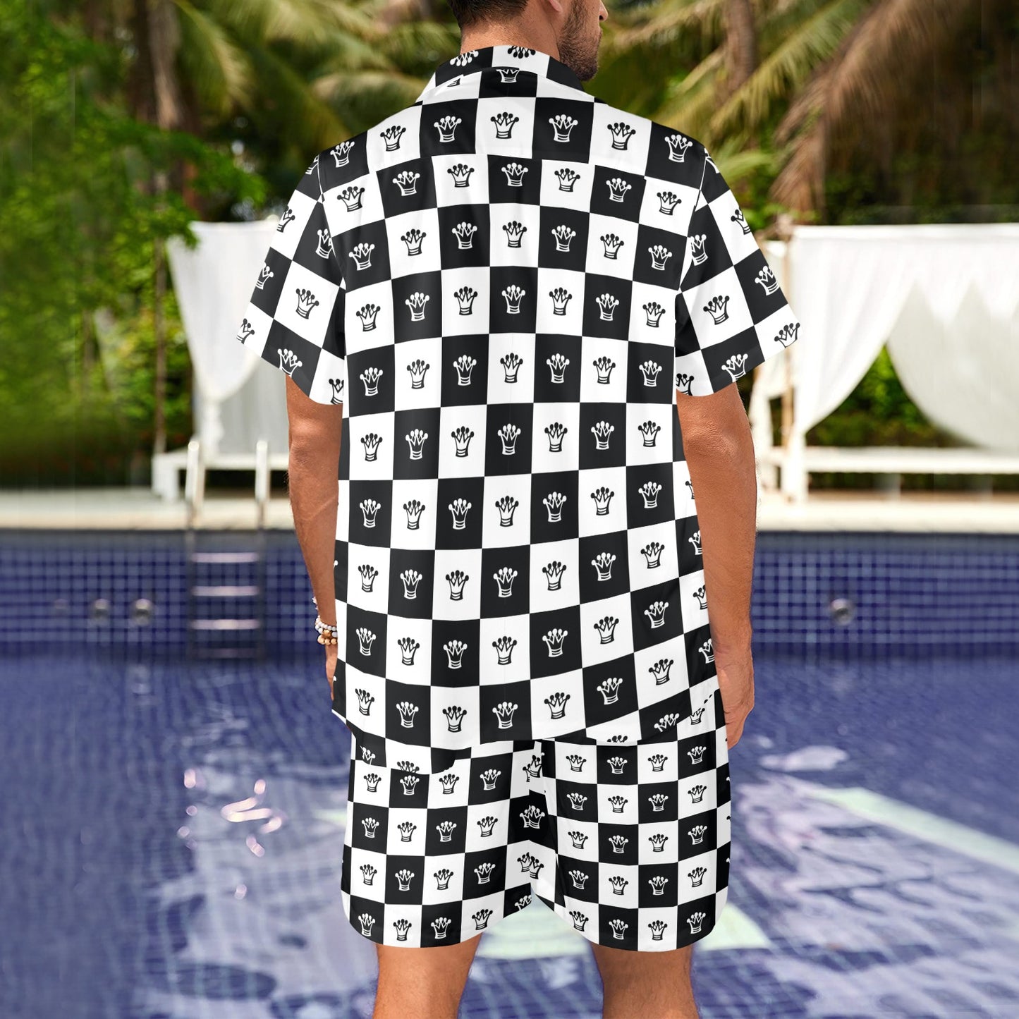 Checkered Flag Crown Pattern Men's Beach Shirt and Shorts Set