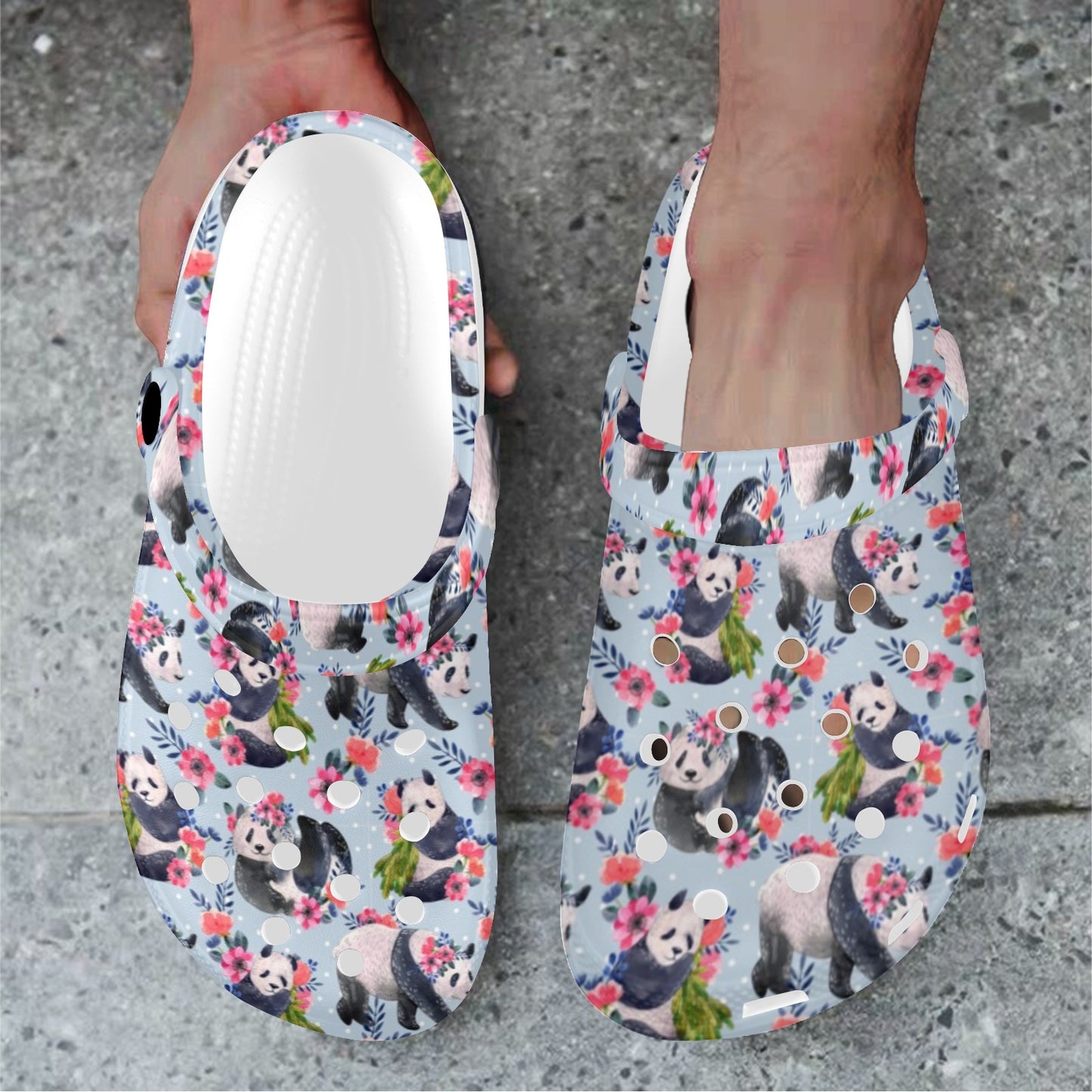 Panda Bear Flower Design Themed Print Unisex Clogs Shoes