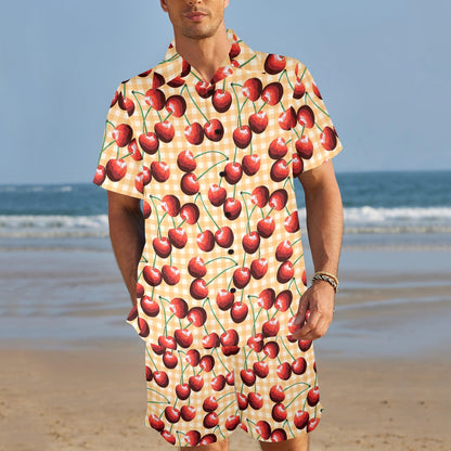 Cherry Orange Plaid Print Men's Beach Shirt and Shorts Set