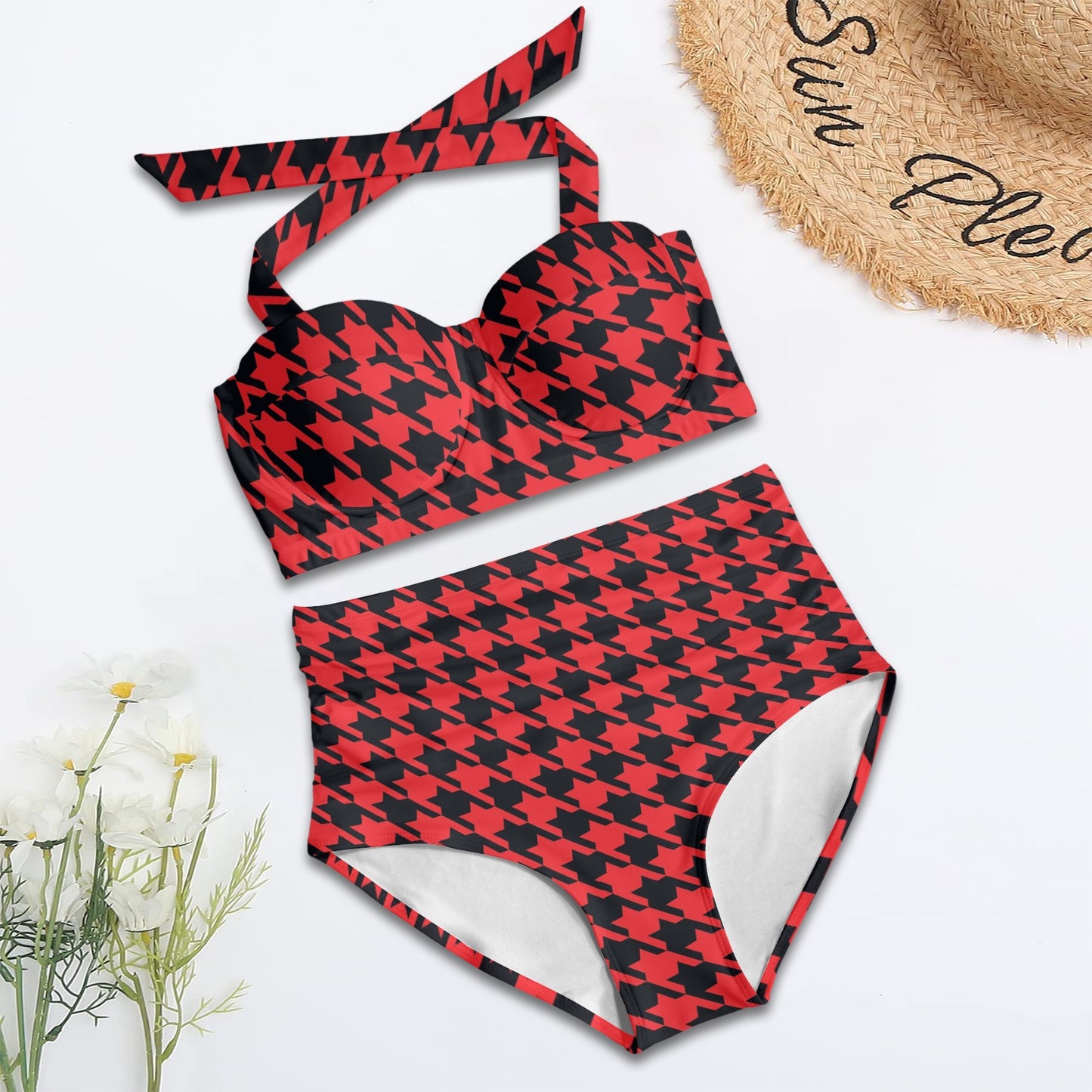 Houndstooth Red Pattern Print Design 03 Halter Neck Bikini Swimsuit