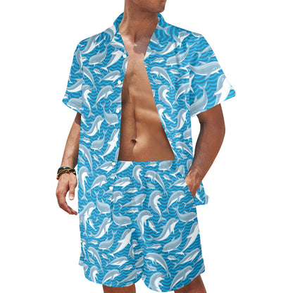 Dolphin Cute Print Pattern Men's Beach Shirt and Shorts Set