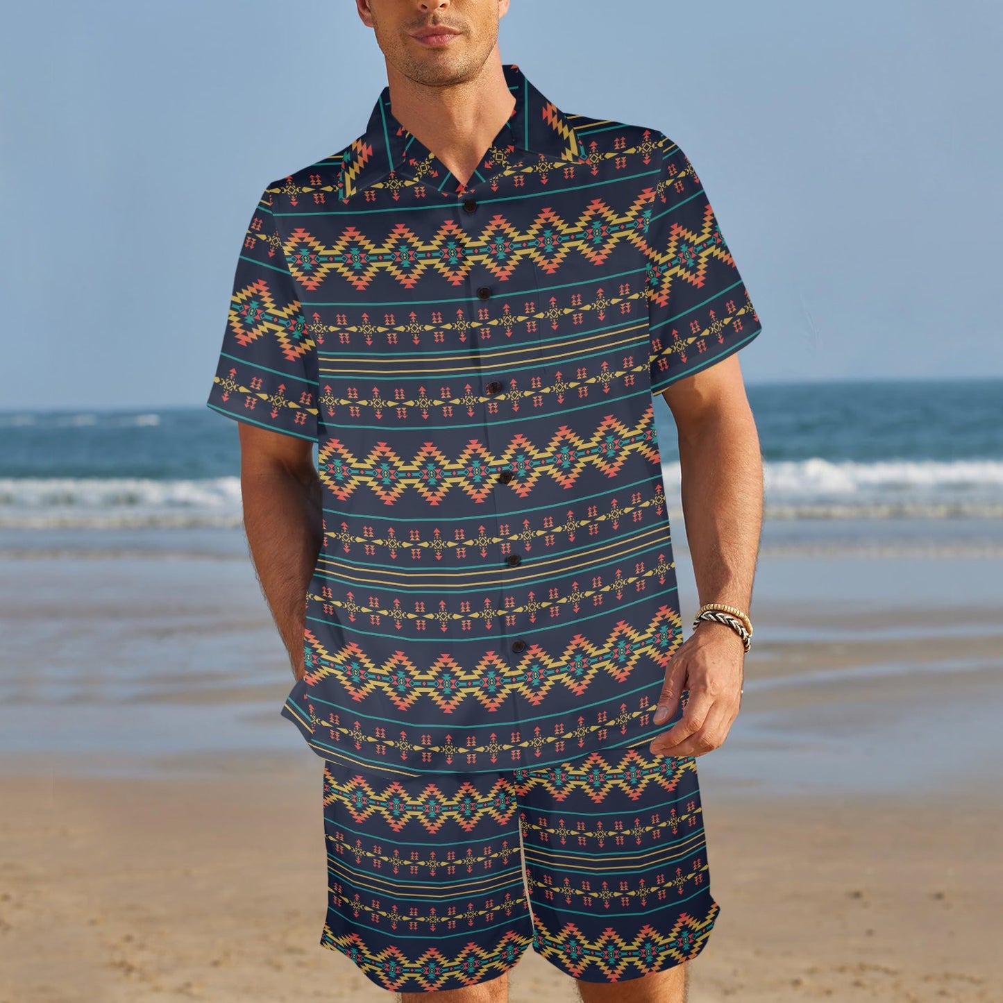 Southwest American Design Themed Print Men's Beach Shirt and Shorts Set