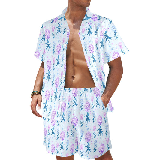 Lilac Pattern Print Design LI05 Men's Beach Shirt and Shorts Set