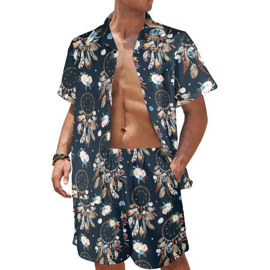 Dream Catcher Boho Floral Style Men's Beach Shirt and Shorts Set