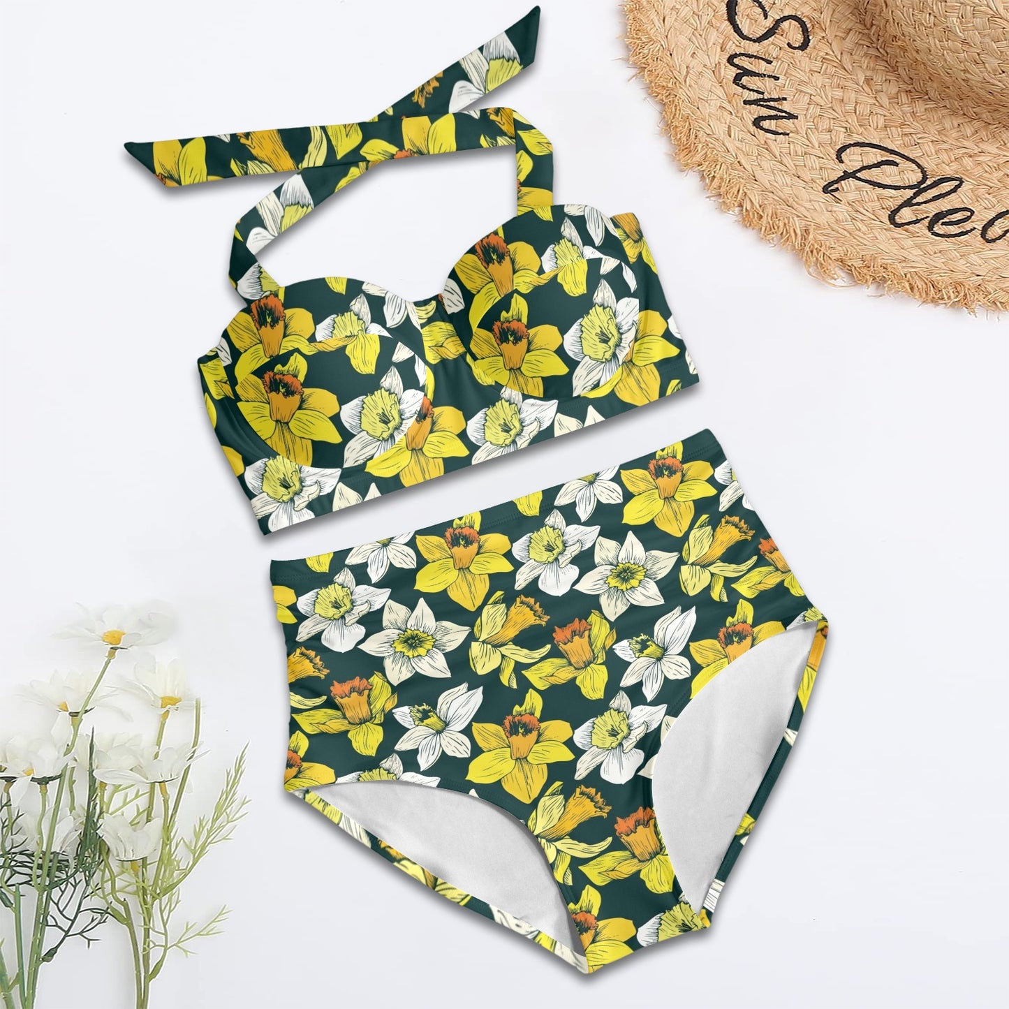 Daffodils Pattern Print Design DF02 Halter Neck Bikini Swimsuit
