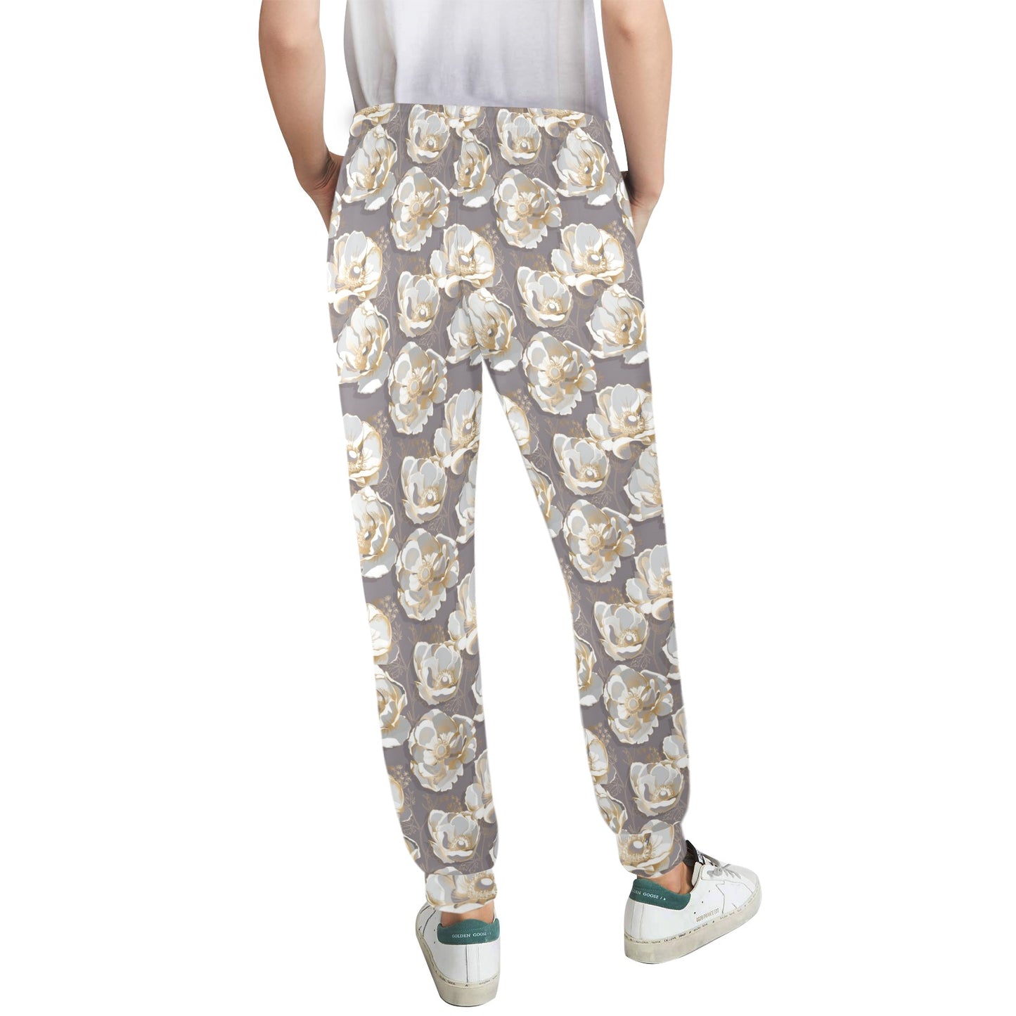 Elegant Grey Flower Print Women's Casual Track Pants