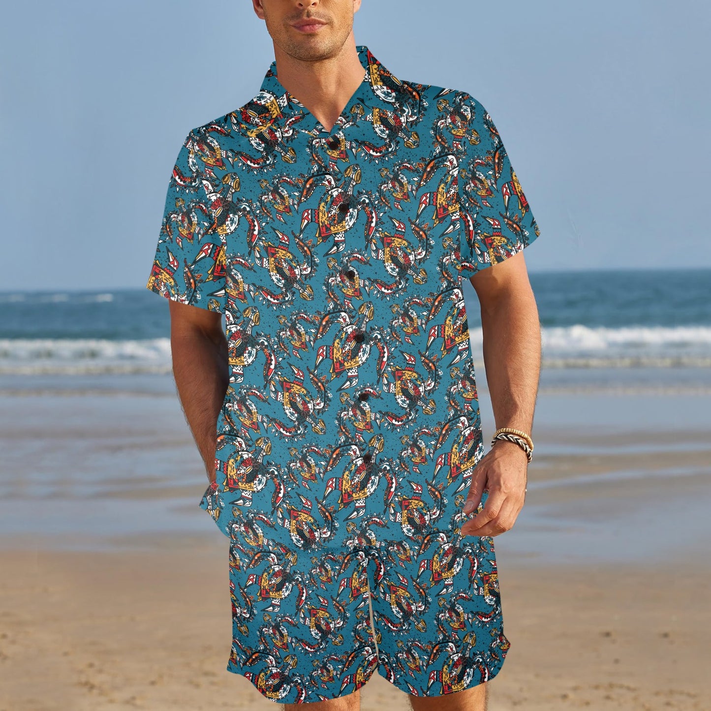 Sea Turtle Tribal Colorful Hand Drawn Men's Beach Shirt and Shorts Set
