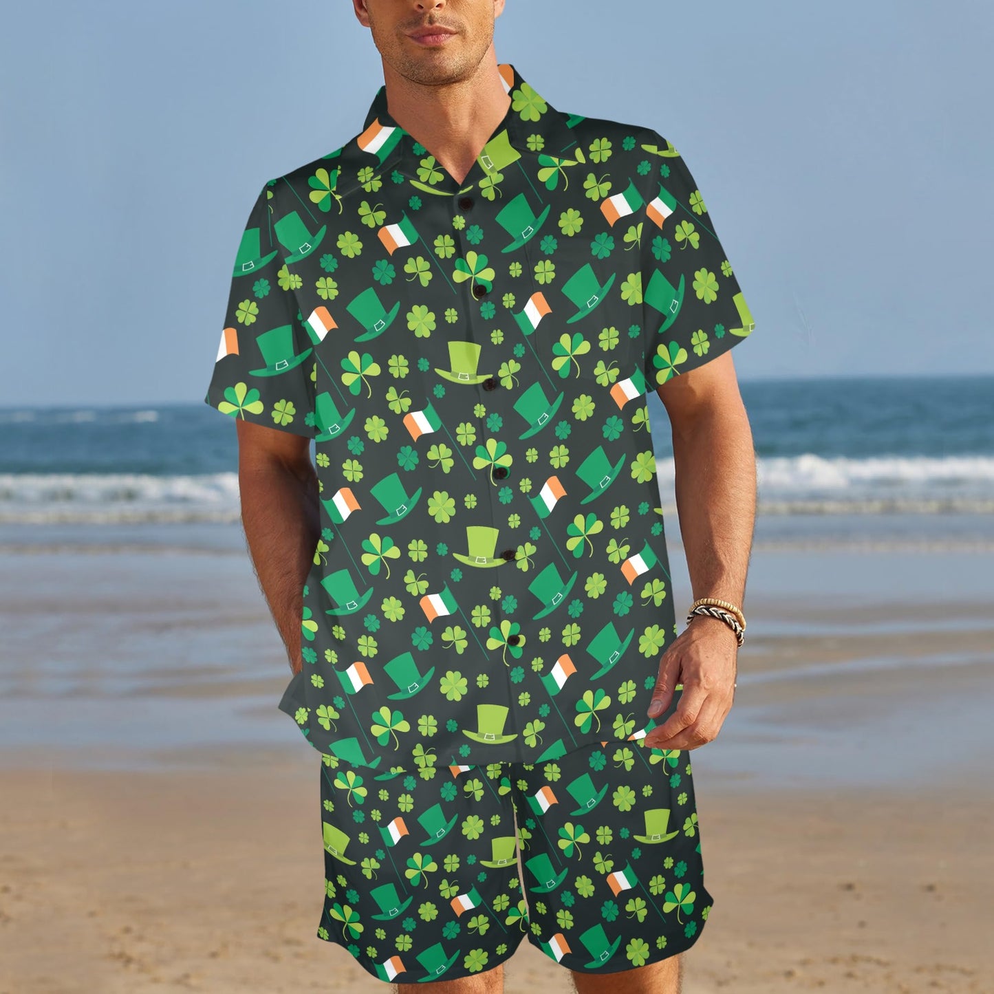 Shamrock Saint Patrick's Day Print Design LKS304 Men's Beach Shirt and Shorts Set
