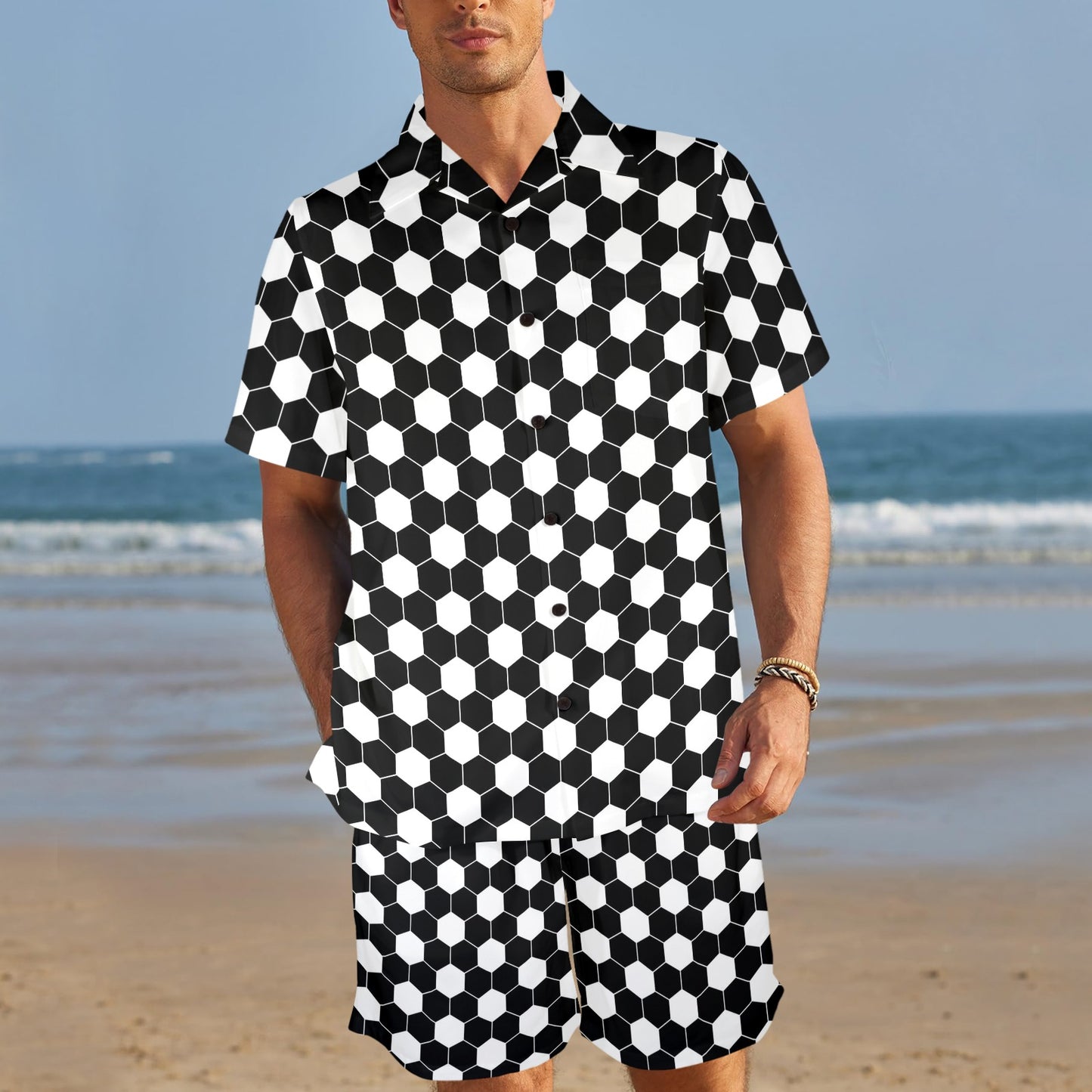 Hexagonal black white Design Print Pattern JJ0341 Men's Beach Shirt and Shorts Set