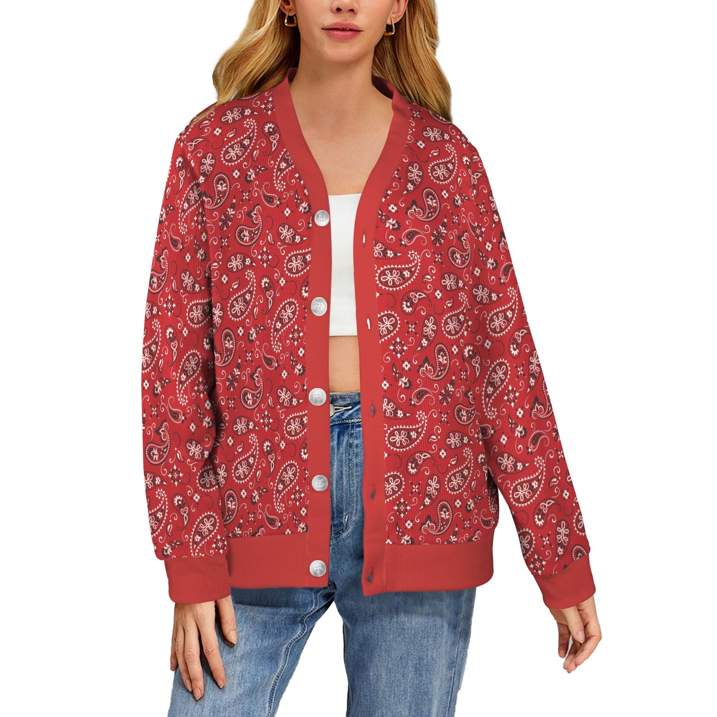 Bandana Paisley Red Print Design LKS3011 Women's Cardigan