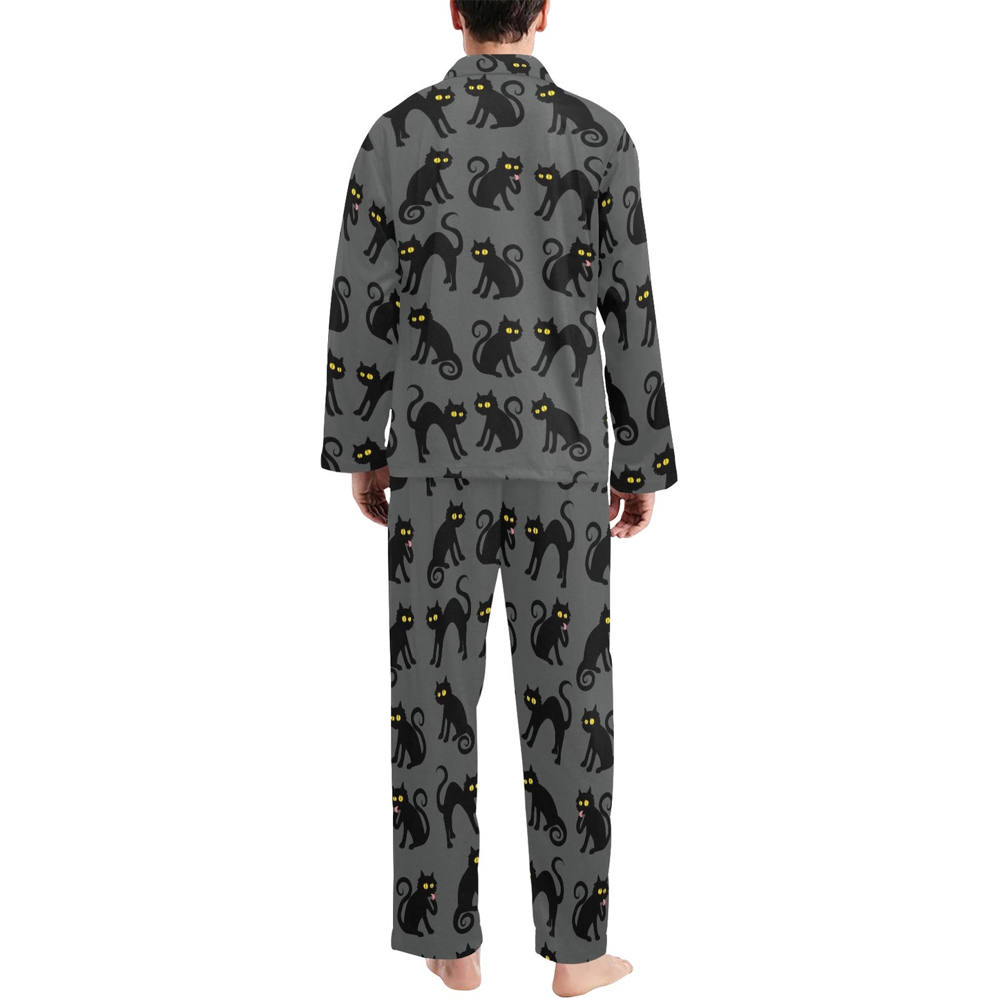 Black Cat Cute Print Pattern Men's Long Pajama Set