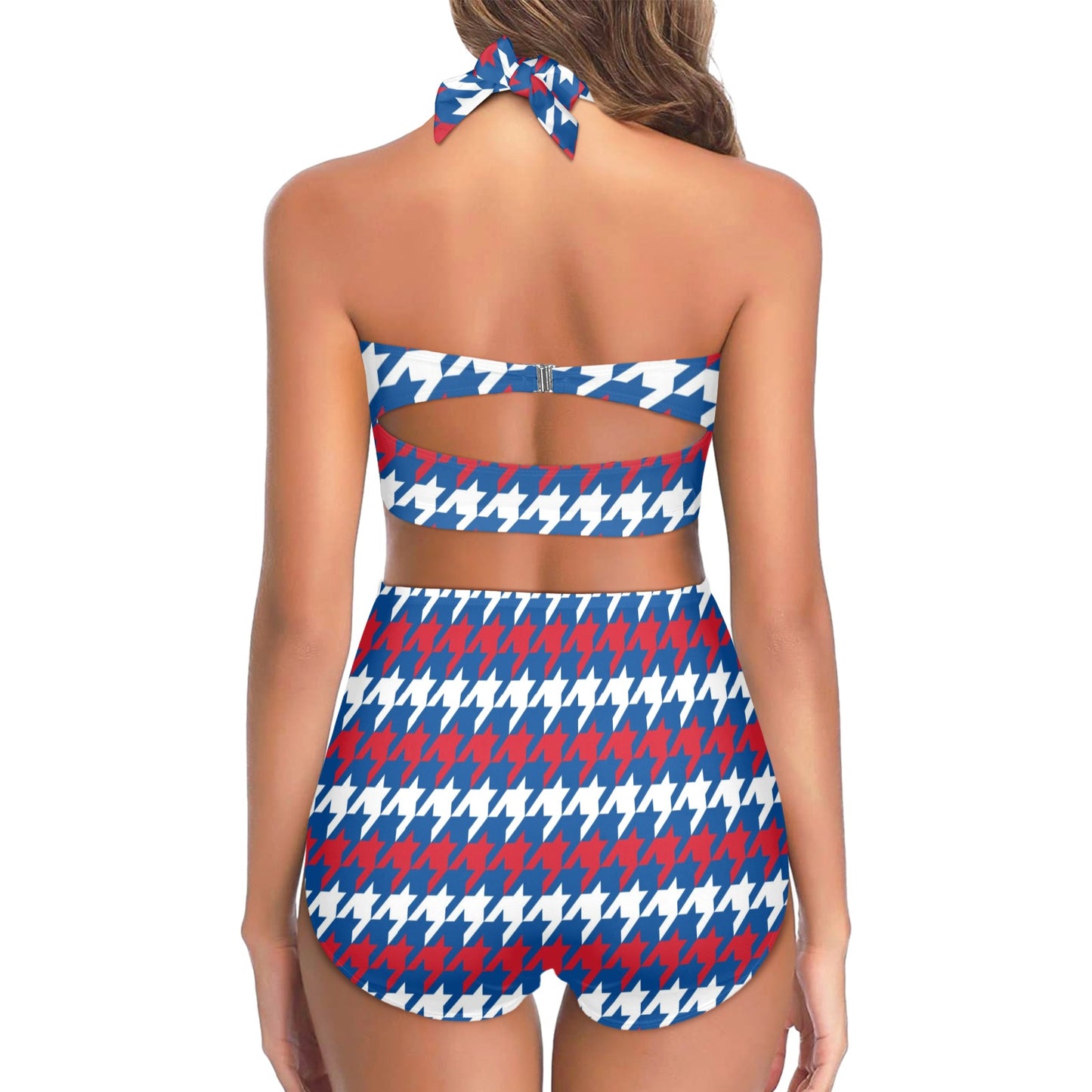 Patriotic Houndstooth Pattern Print Design A02 Halter Neck Bikini Swimsuit