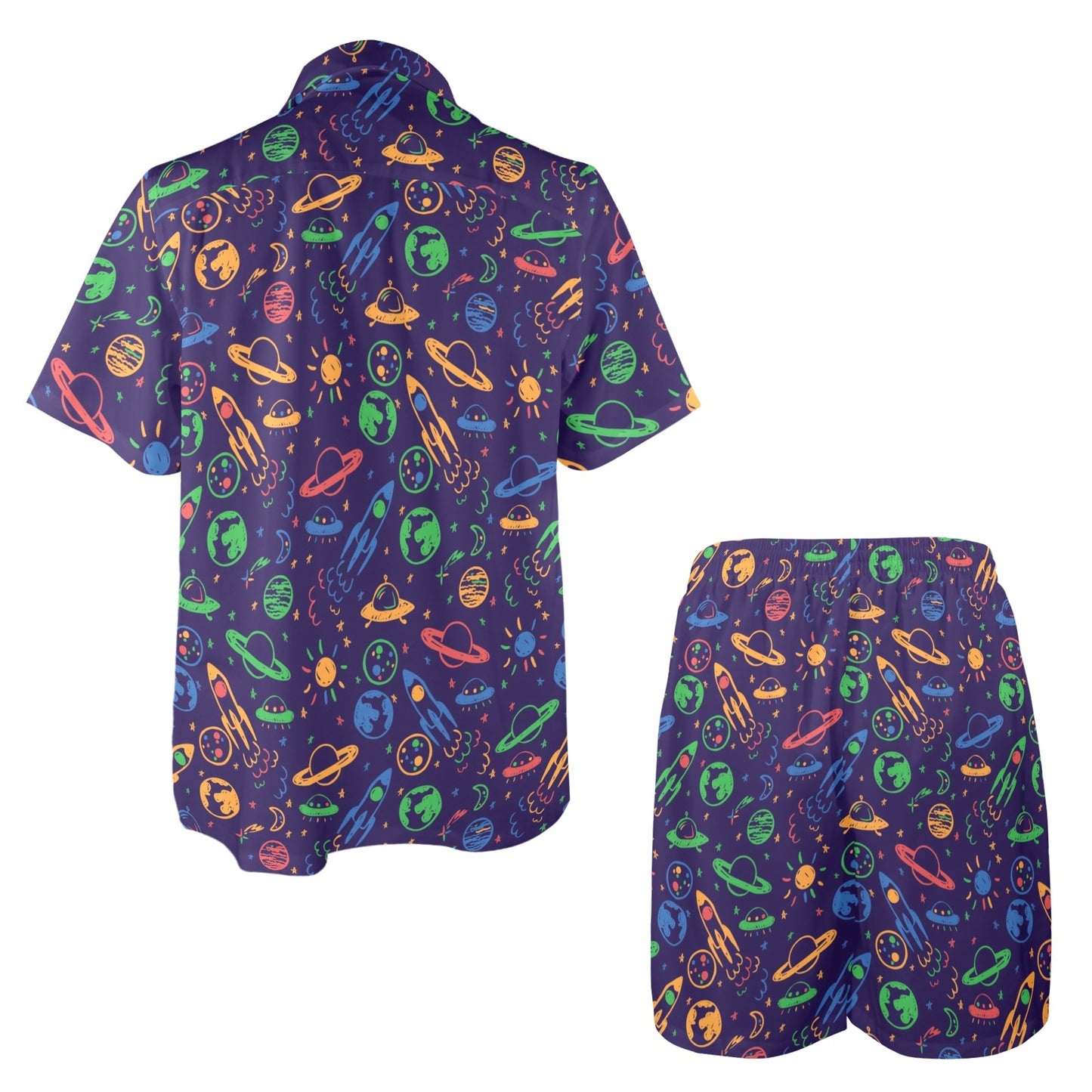 UFO Space Rocket Print Design LKS302 Men's Beach Shirt and Shorts Set