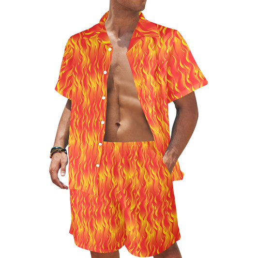 flaming skulls Design Print Pattern JJ0178 Men's Beach Shirt and Shorts Set