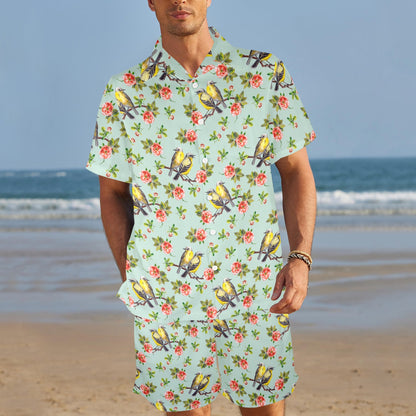 Bird with Red Flower Print Pattern Men's Beach Shirt and Shorts Set