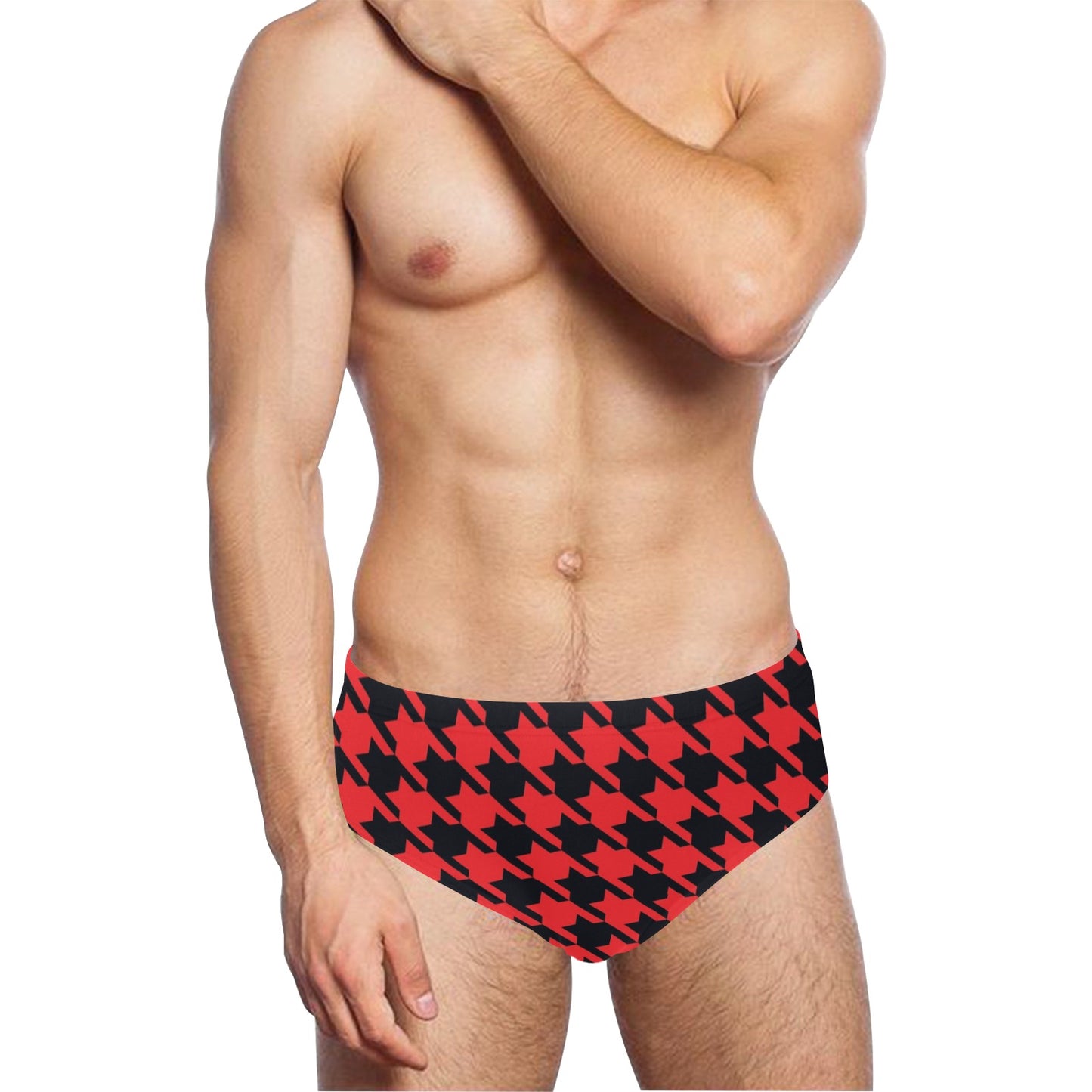 Houndstooth Red Pattern Print Design 03 Men's Swimming Briefs