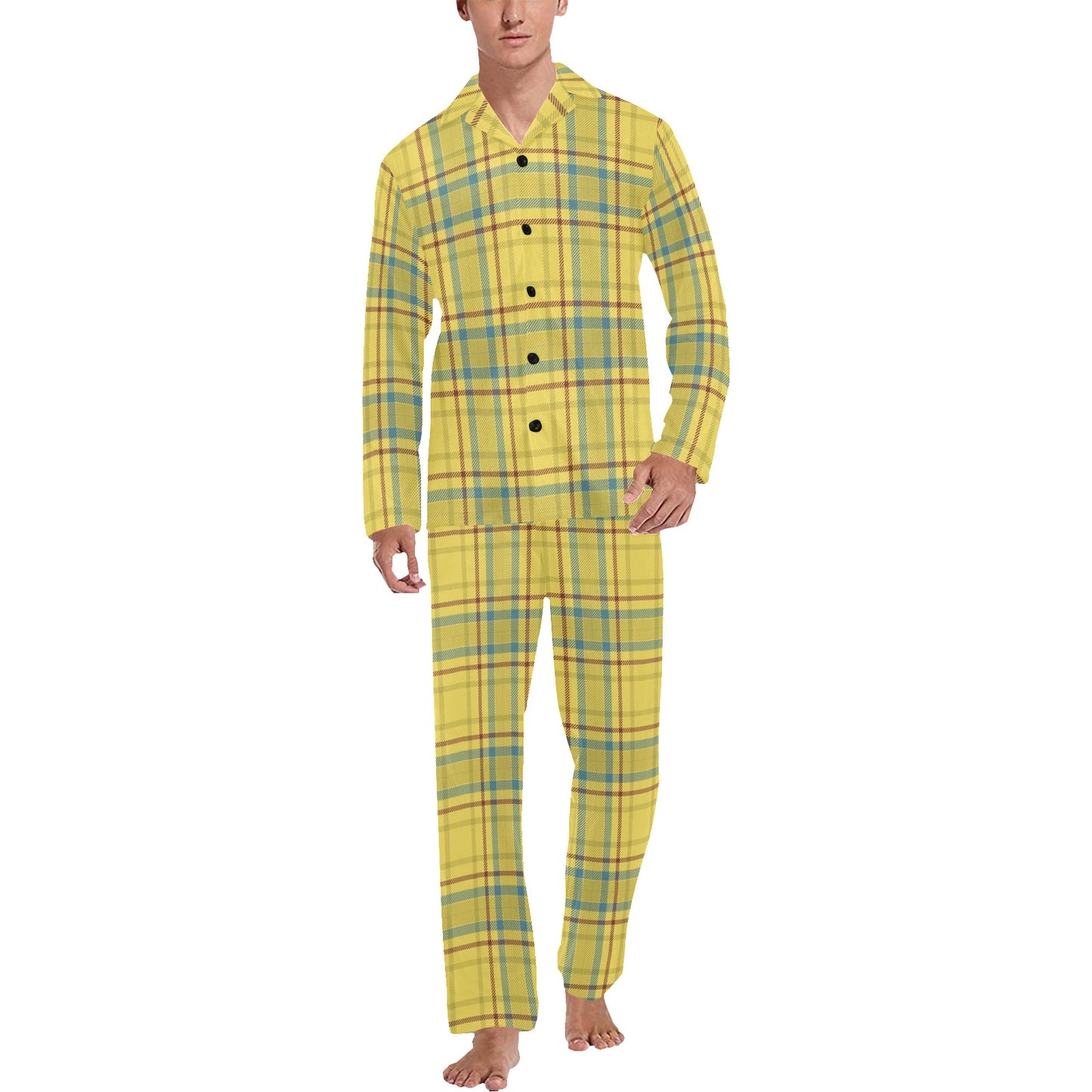 Tartan Yellow Print Design LKS301 Men's Long Pajama Set