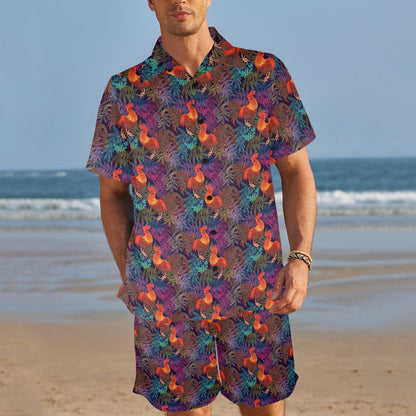 Rooster Print Style Men's Beach Shirt and Shorts Set