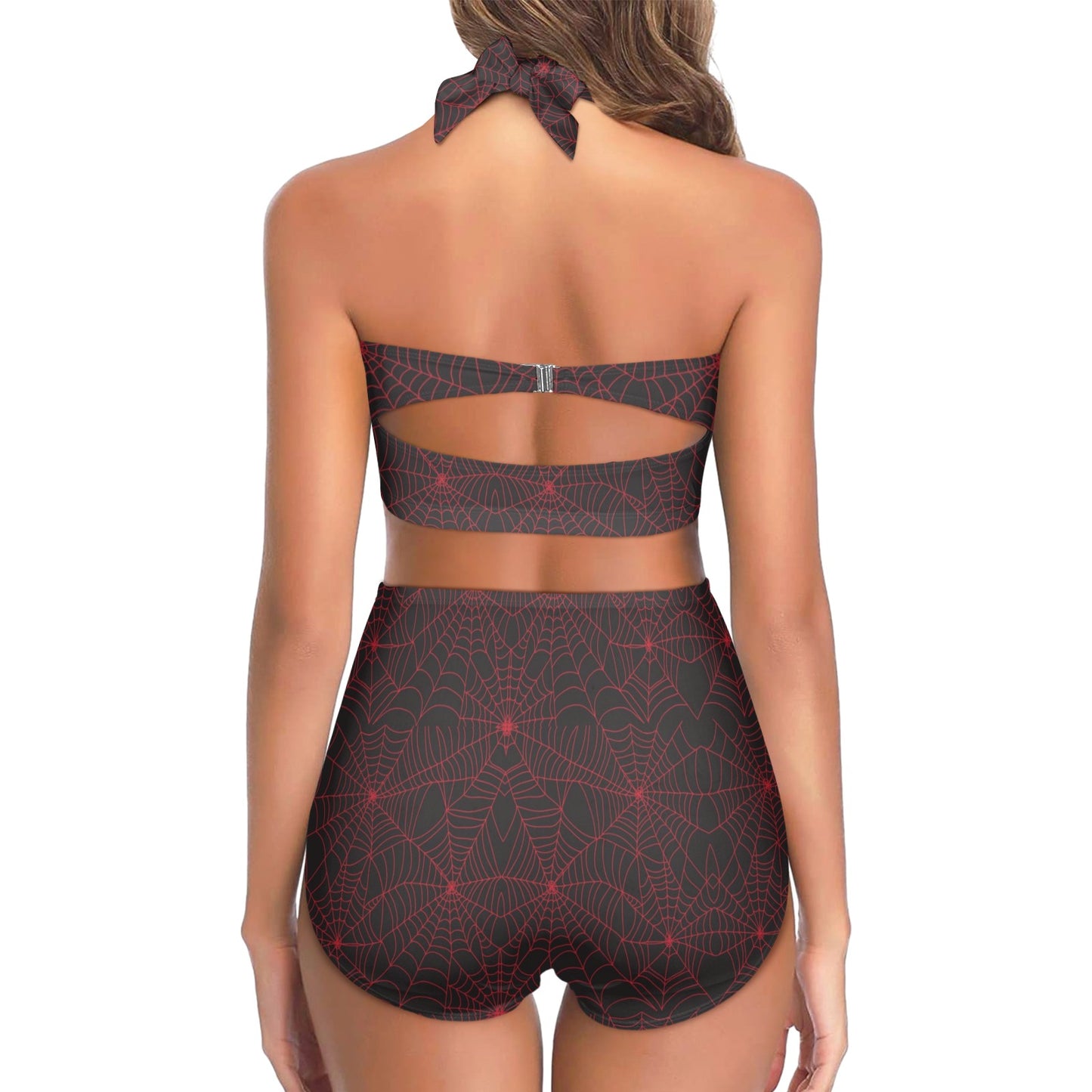Spider Web Red Print Design LKS302 Halter Neck Bikini Swimsuit