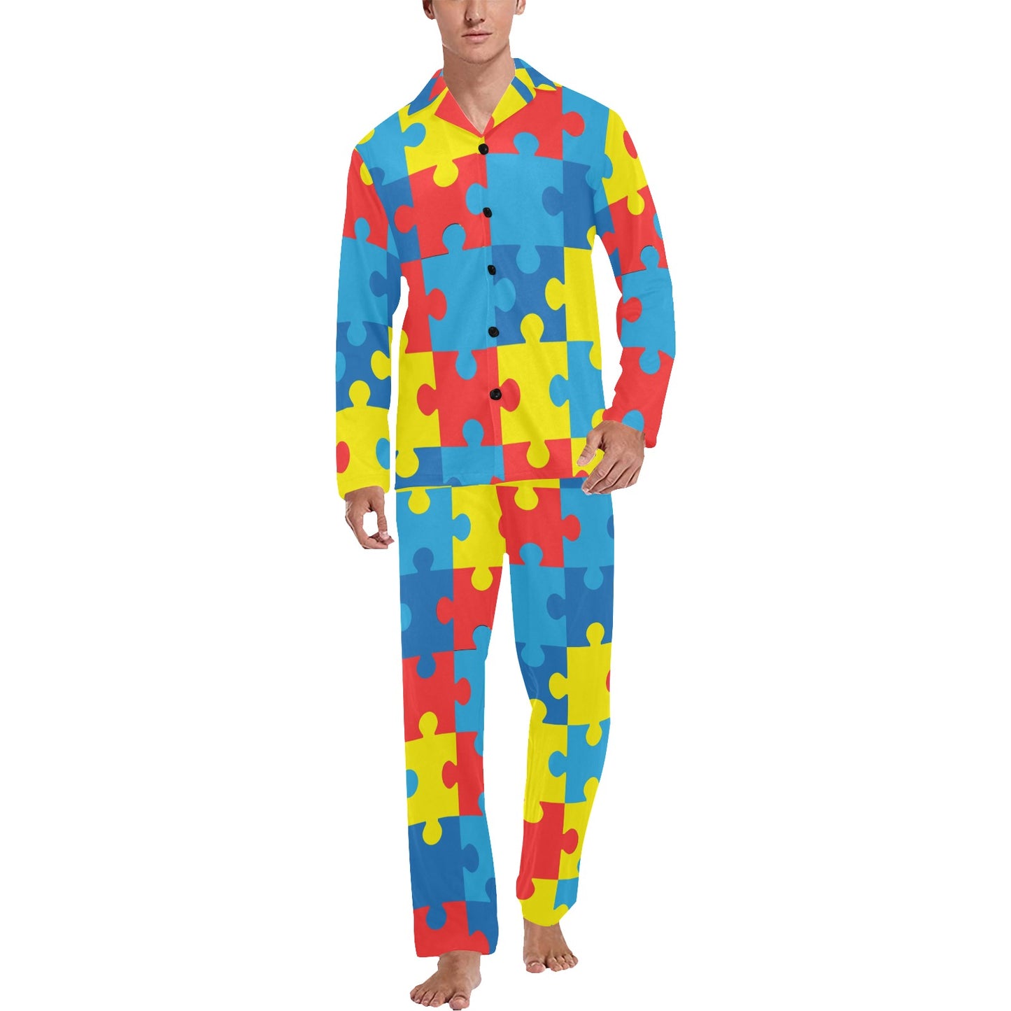 Autism Awareness Puzzles Design Print Men's Long Pajama Set