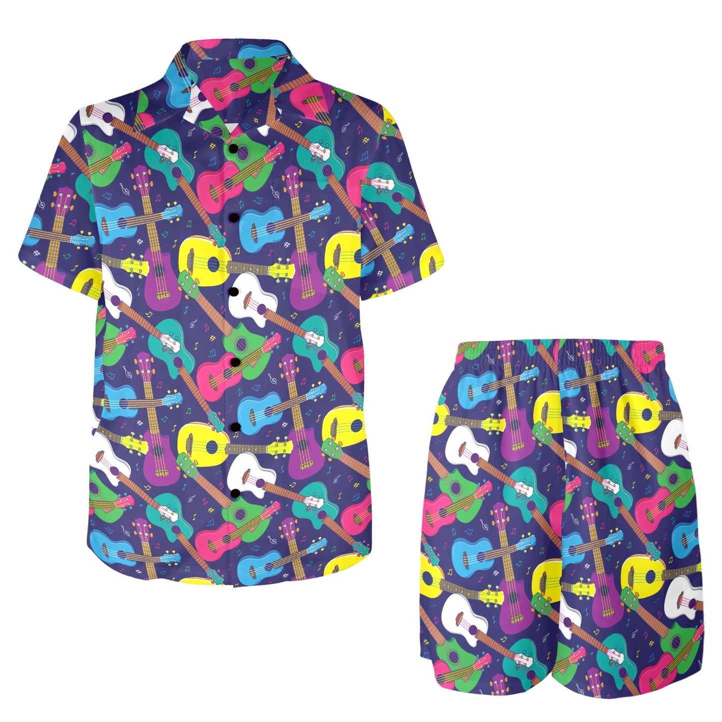 Ukulele Pattern Print Design 02 Men's Beach Shirt and Shorts Set