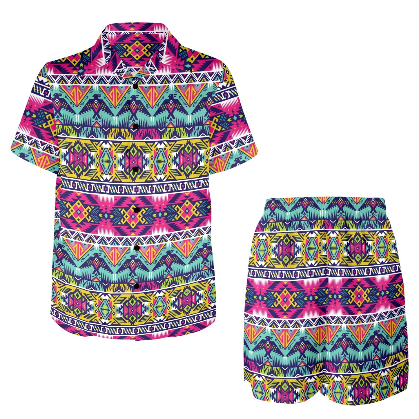 Indian Navajo Color Themed Design Print Men's Beach Shirt and Shorts Set