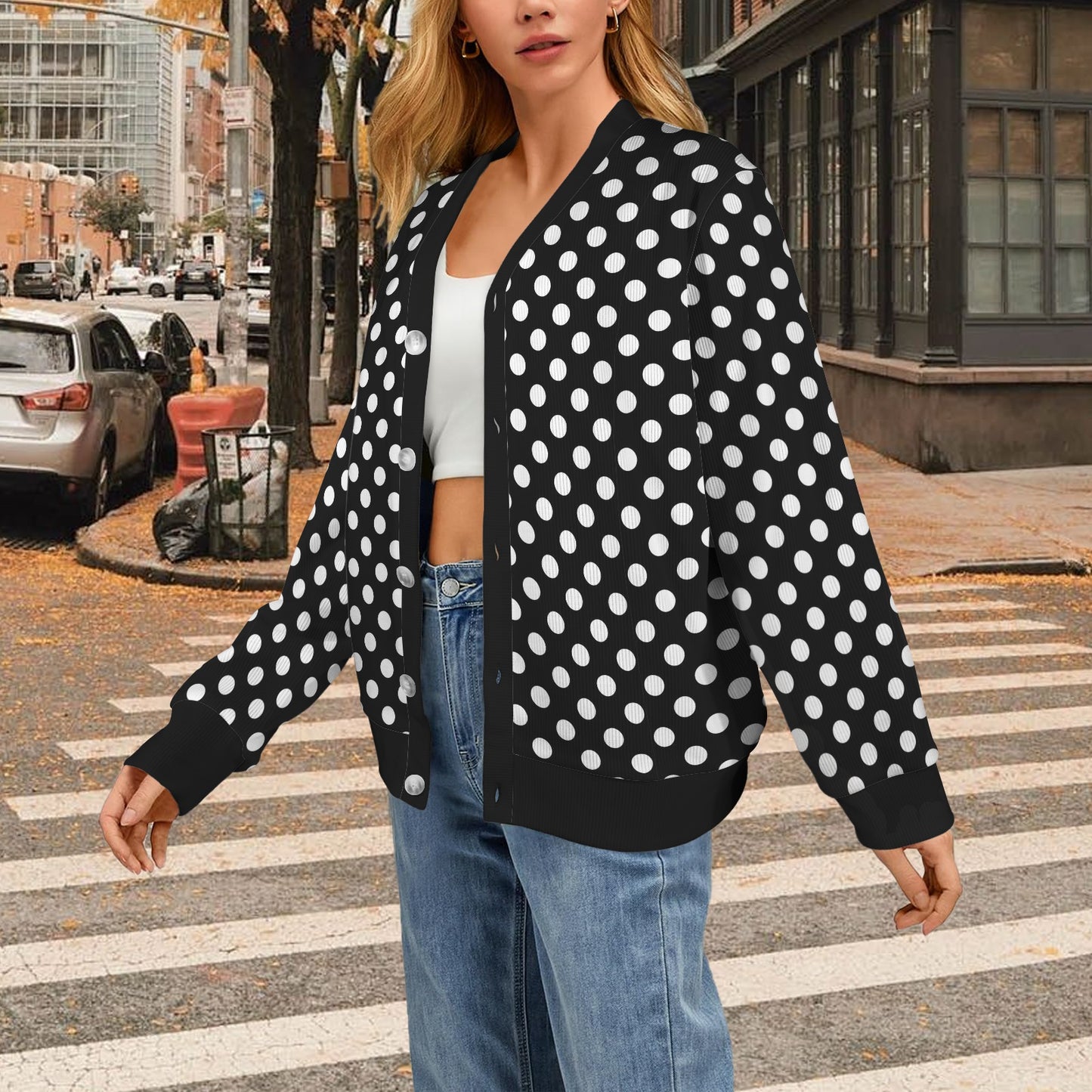 Polka Dot Black White Pattern Print Design 03 Women's Cardigan