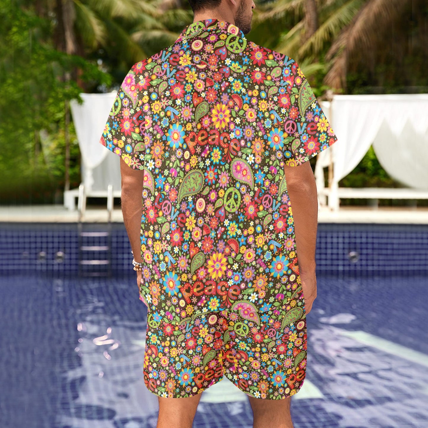 Flower Power Peace Paisley Themed Print Men's Beach Shirt and Shorts Set