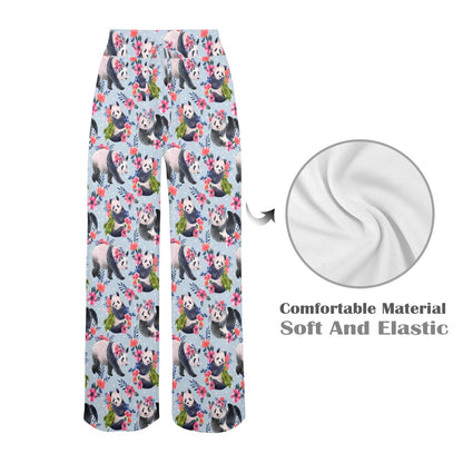 Panda Bear Flower Design Themed Print Women's Wide Leg Lounge Pants