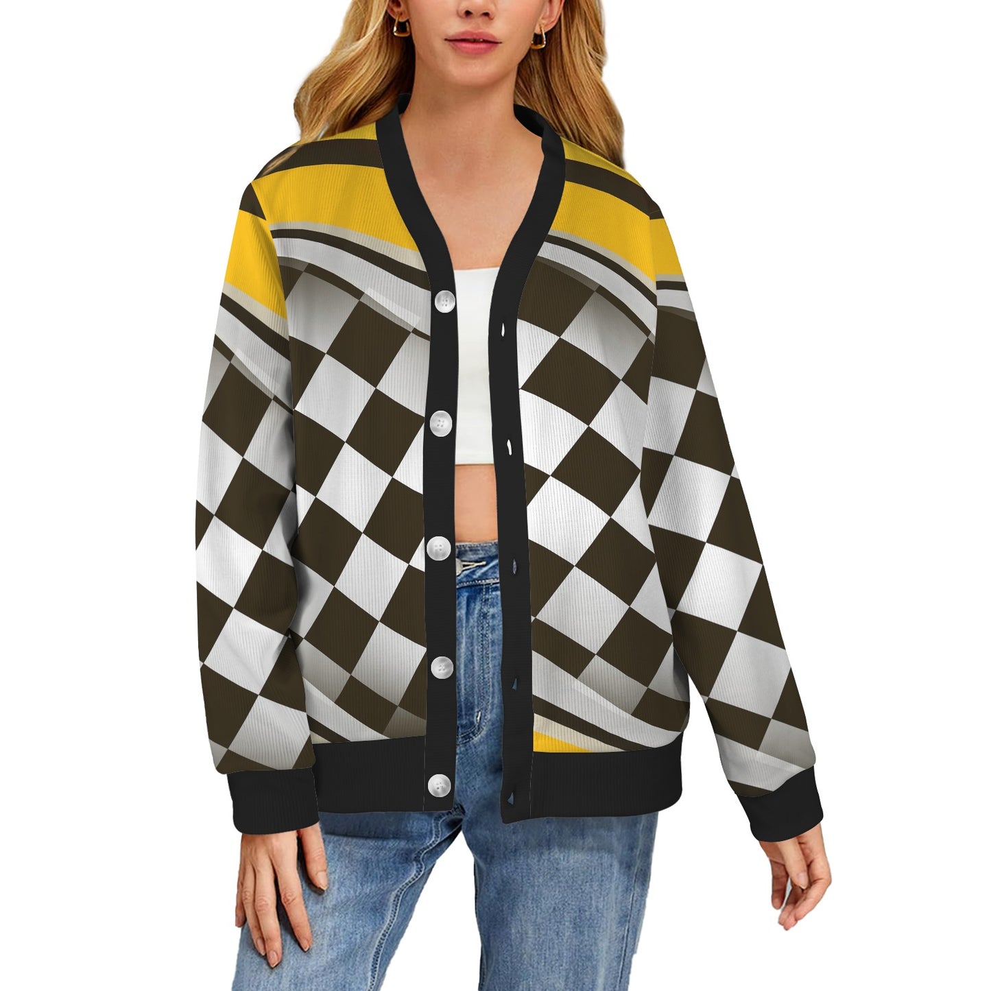 Checkered Flag Racing Style Women's Cardigan