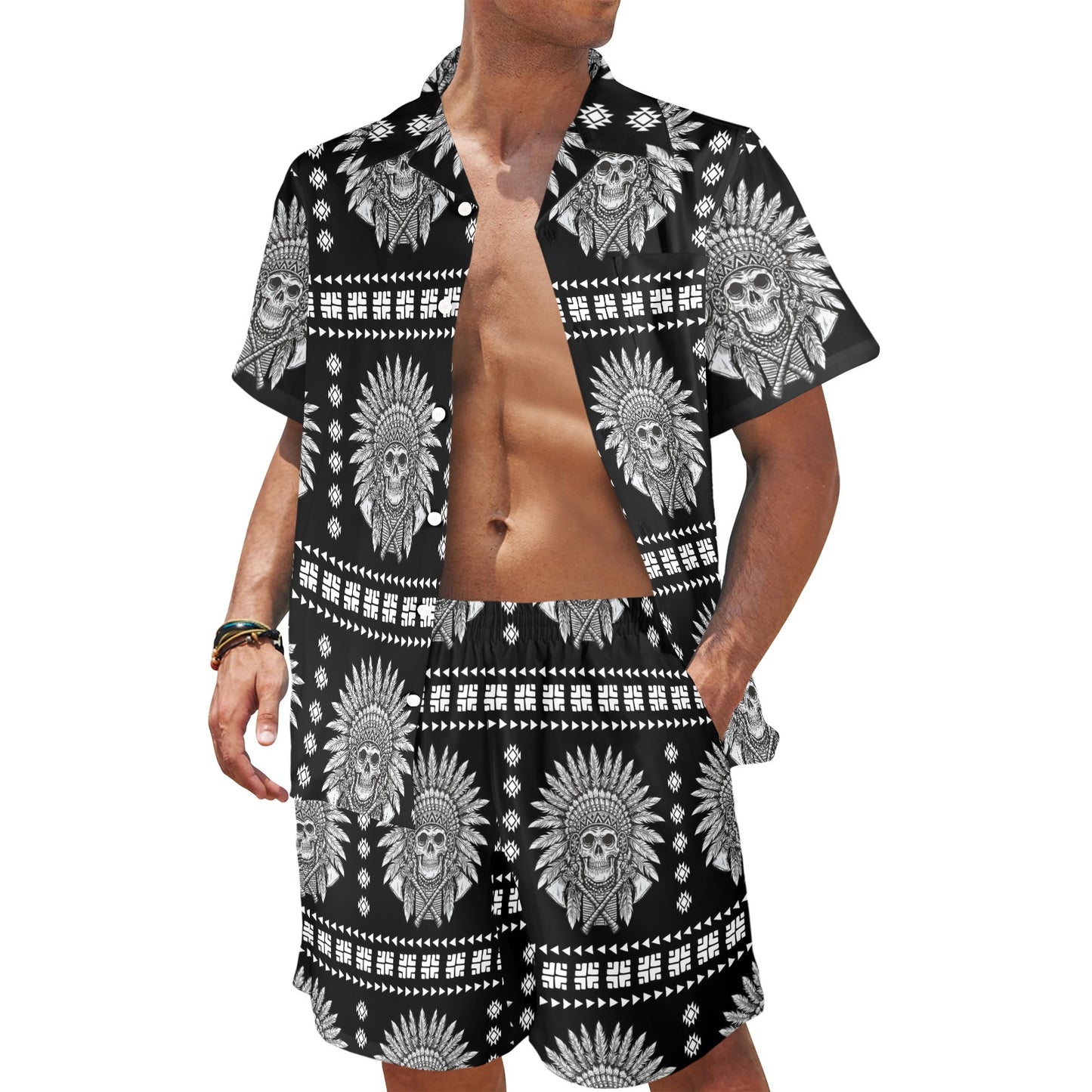 Native American Indian Skull Men's Beach Shirt and Shorts Set