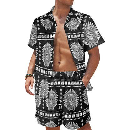 Native American Indian Skull Men's Beach Shirt and Shorts Set