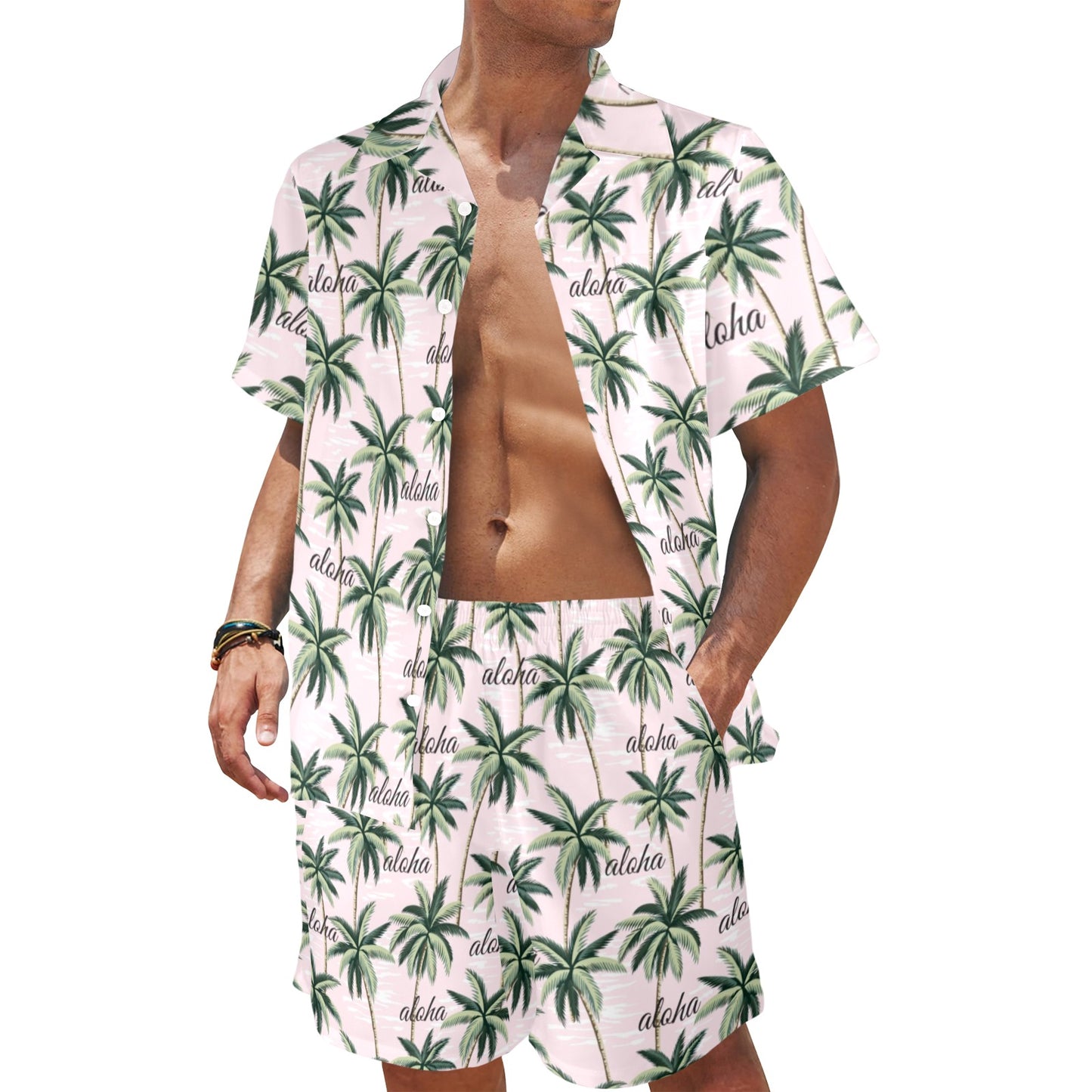 Aloha Beach Pattern Design Themed Print Men's Beach Shirt and Shorts Set