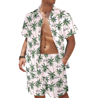 Aloha Beach Pattern Design Themed Print Men's Beach Shirt and Shorts Set