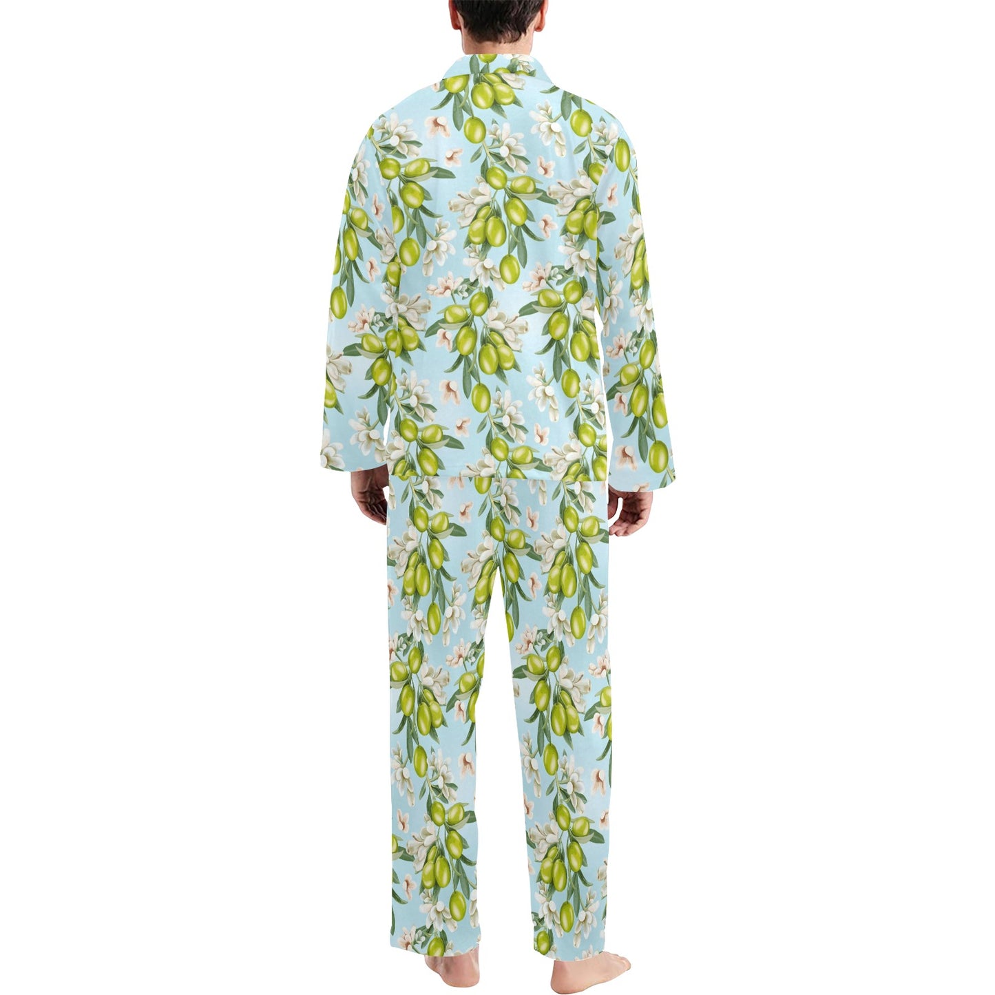 Elegant Olive Floral Print Men's Long Pajama Set