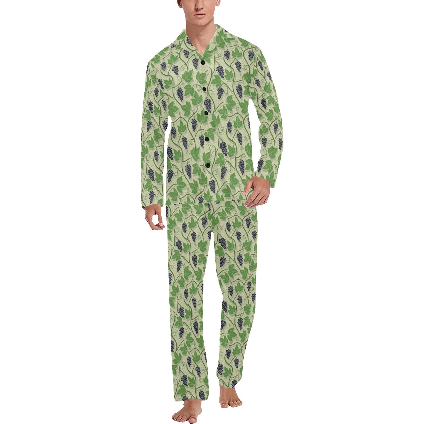 Wine Grape Thmed Print Men's Long Pajama Set