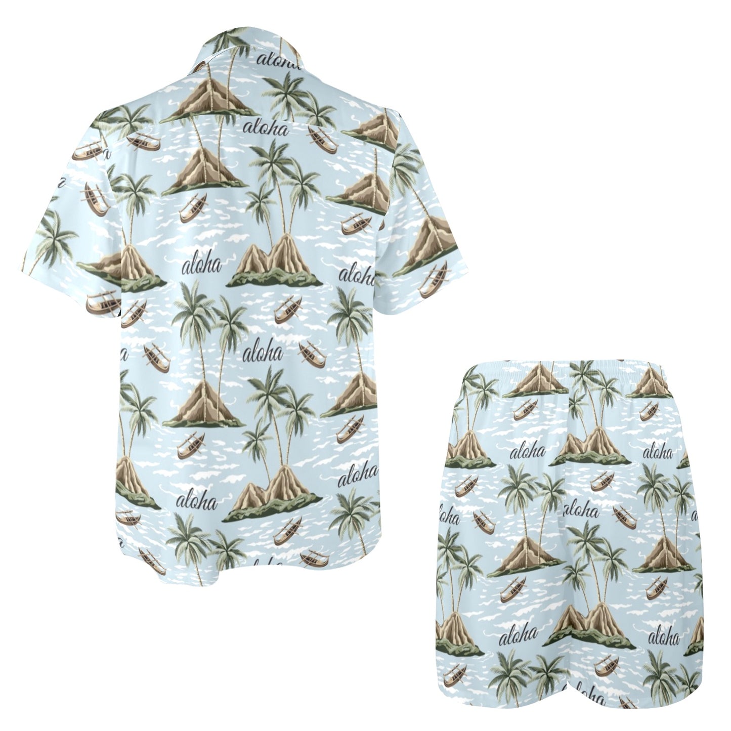 Aloha Hawaii island Design Themed Print Men's Beach Shirt and Shorts Set