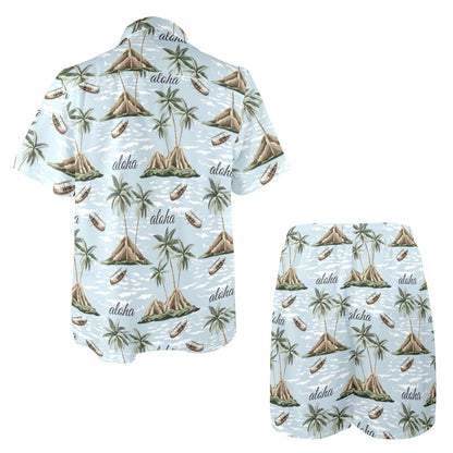 Aloha Hawaii island Design Themed Print Men's Beach Shirt and Shorts Set