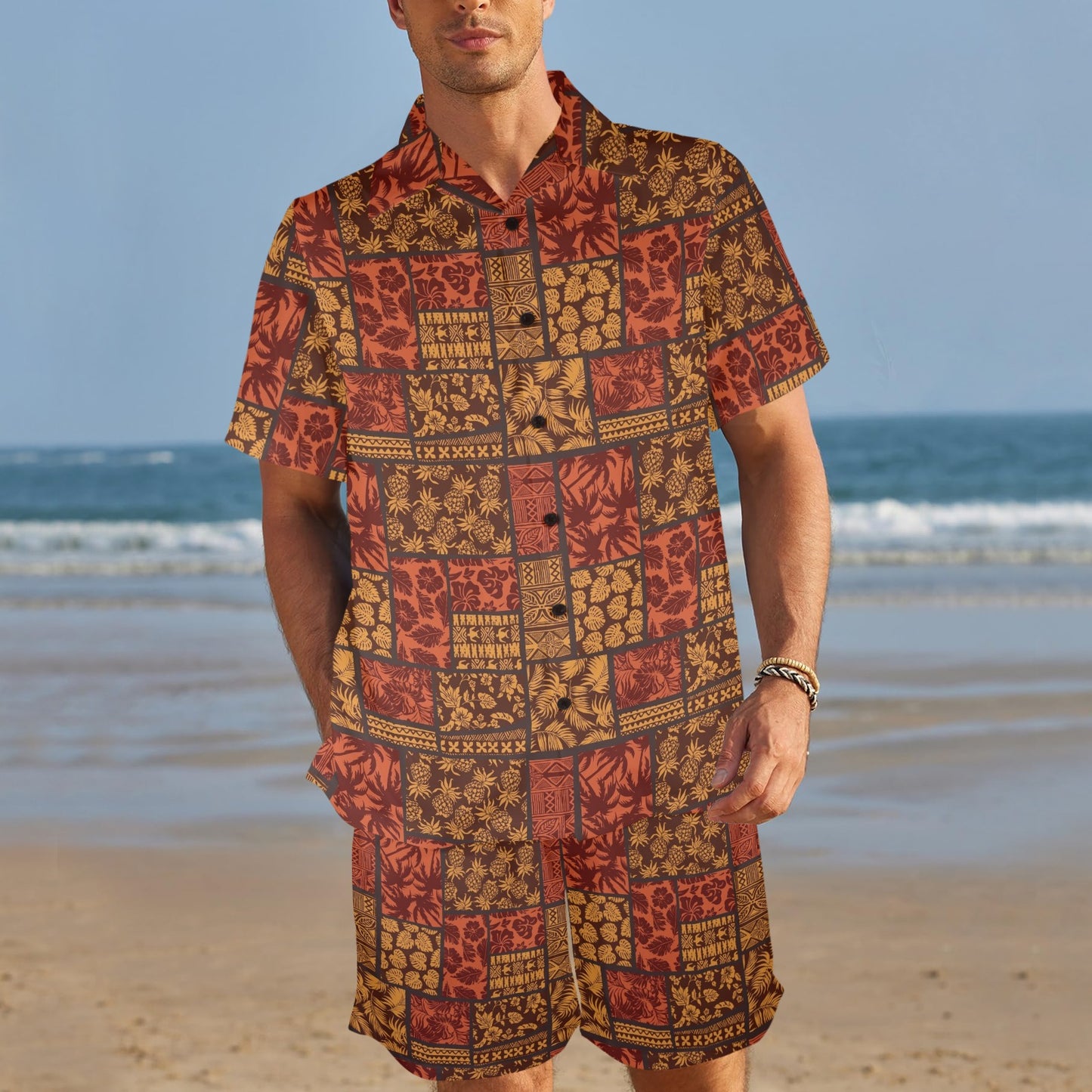Hawaiian style Design Print Pattern JJ0331 Men's Beach Shirt and Shorts Set