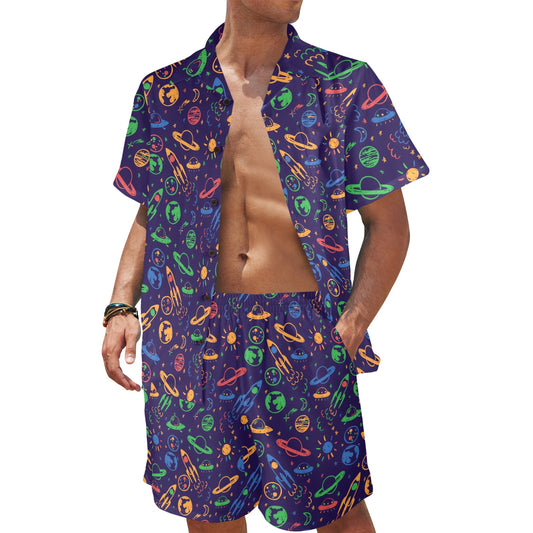 UFO Space Rocket Print Design LKS302 Men's Beach Shirt and Shorts Set