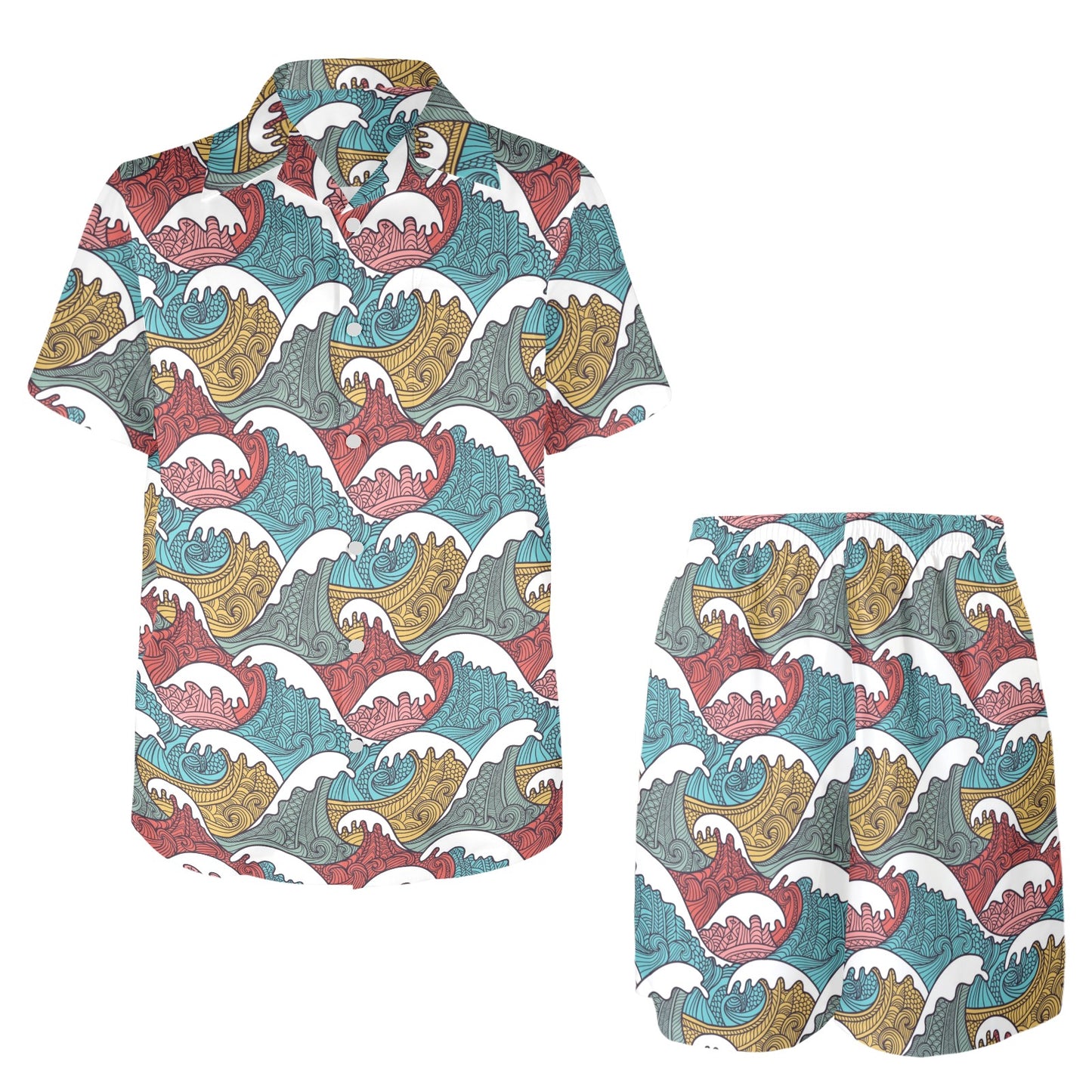 Tribal Wave Pattern Print Men's Beach Shirt and Shorts Set