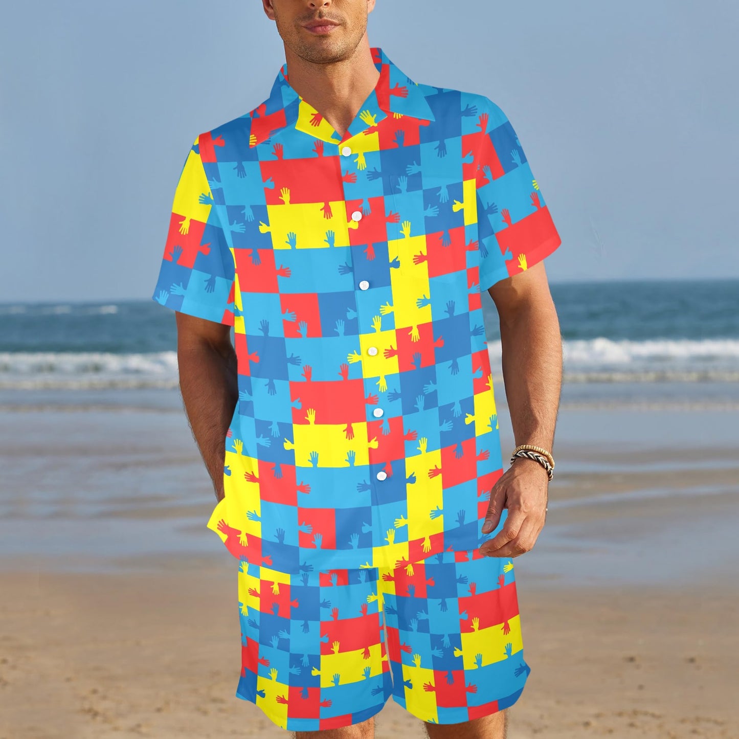 Autism Awareness Design Themed Print Men's Beach Shirt and Shorts Set