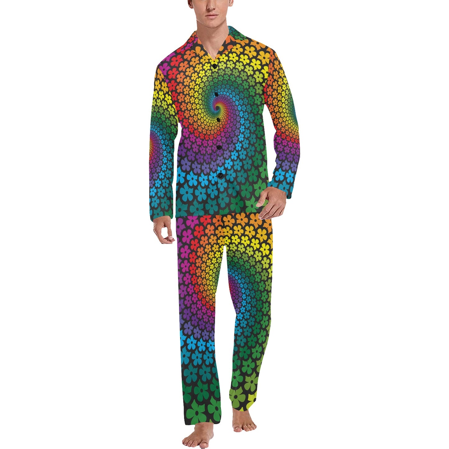 Flower Power Rainbow Spiral Print Men's Long Pajama Set
