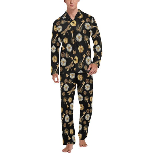 Steampunk Dragonfly Design Themed Print Men's Long Pajama Set