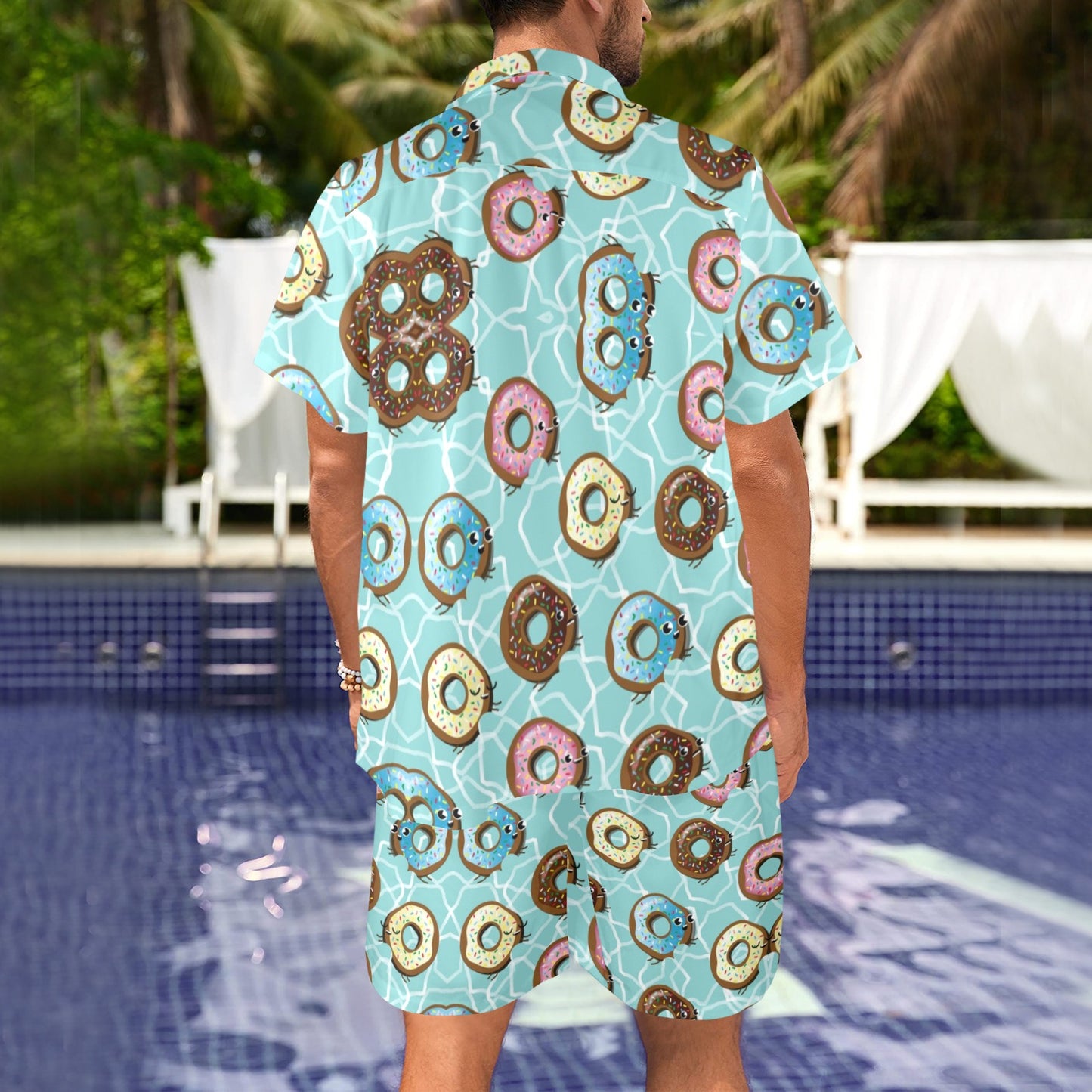 Emoji Donut Print Pattern Men's Beach Shirt and Shorts Set