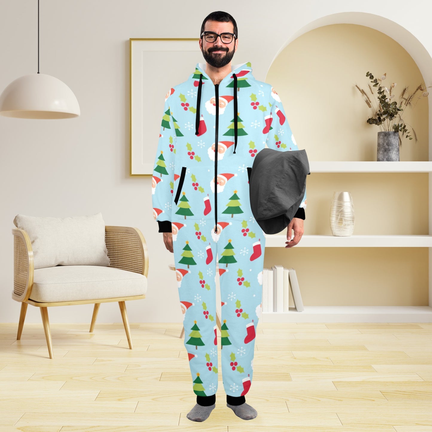 Santa Themed Print Design LKS301 Hooded Fleece Onesie Pajama Jumpsuit